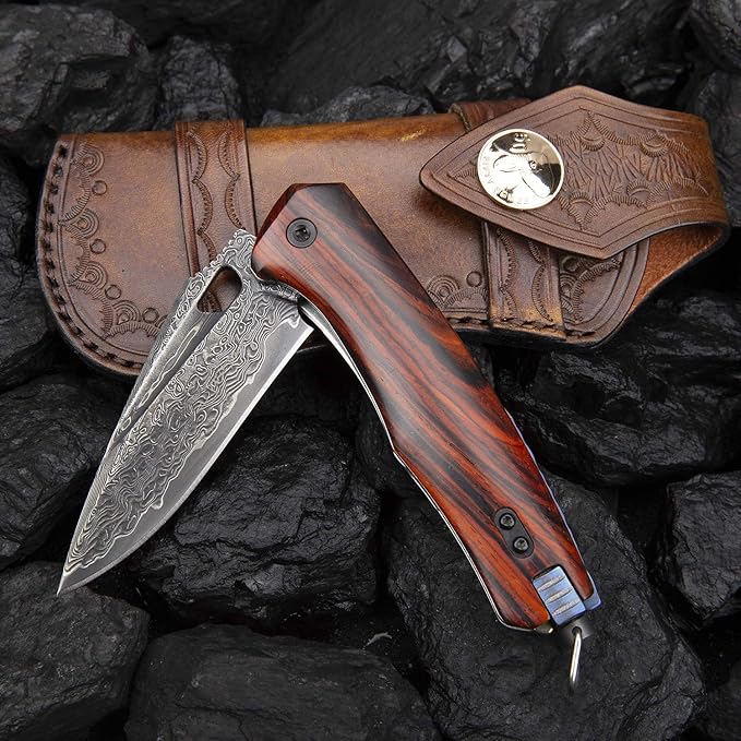 Damascus steel multifunctional EDC folding knife with self assembling pocket clip, lining lock, leather sheath, one piece disassembly pocket knife