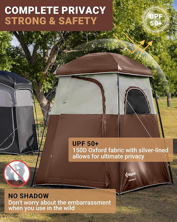 KingCamp Camping Shower Tent, Portable Outdoor Privacy Toilet & Changing Tent Windproof & Waterproof Easy Setup 1 or 2 Room Shelter with Shower Bag for Camping Hiking Beach