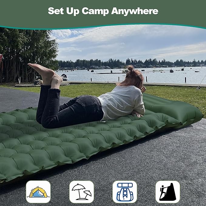 Self-Inflating Sleeping Mats for Camping, Camping Sleeping Pad for Camping, Ultralight Camping Mat with Pillow Built-in Foot Pump Inflatable Sleeping Pads Compact for Camping, Backpacking( Army Green)