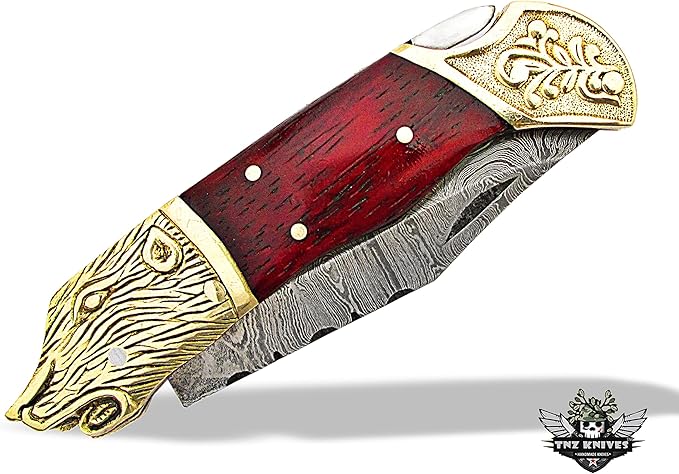 TNZ-524 Damascus Handmade Pocket Engraved Bolsters Folding Knife 4" Blade, 8.5" Overall ,8 oz, Padauk Wood Handle With Leather Cover >>>> TNZ Hand Made Damascus knives
