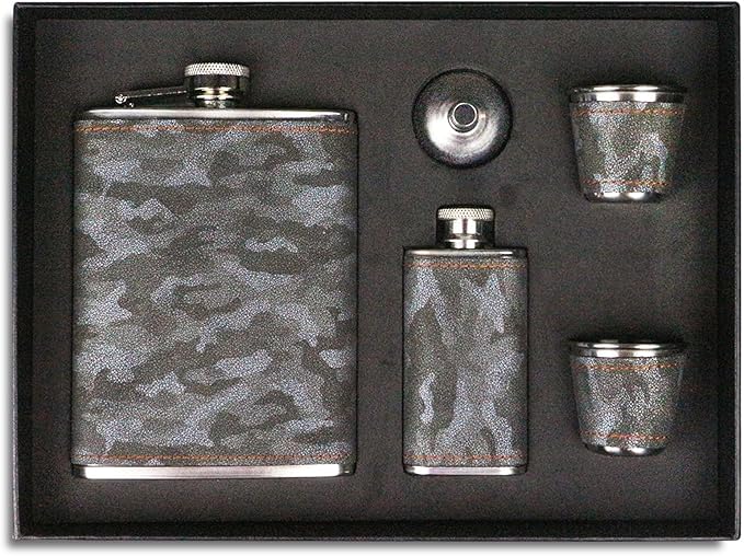 Hip Flask Gift Set, Hip Flasks for Liquor for Men with camouflage Leather Cover, 8 Oz Hip Flask, 18/8 Stainless Steel Hip Flasks, Flasks for Liquor for Men Gift Box