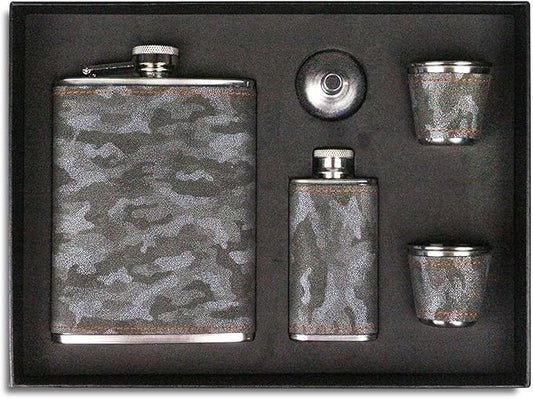 Hip Flask Gift Set, Hip Flasks for Liquor for Men with camouflage Leather Cover, 8 Oz Hip Flask, 18/8 Stainless Steel Hip Flasks, Flasks for Liquor for Men Gift Box