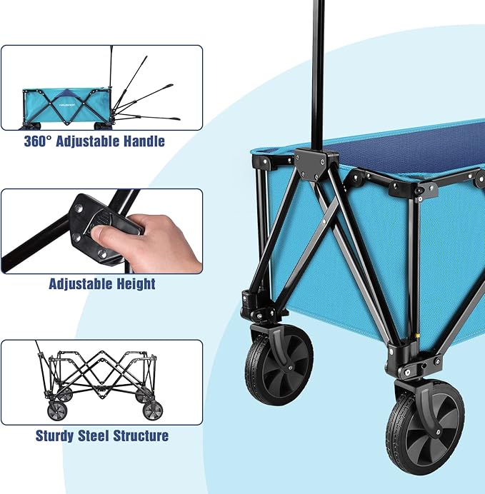 HAUSHOF Heavy Duty Collapsible Wagon, Folding Outdoor Utility Wagon, Camping Garden Beach Cart with Universal Quick Release Wheels, Adjustable Handle, 176 lbs Load Capacity, Blue