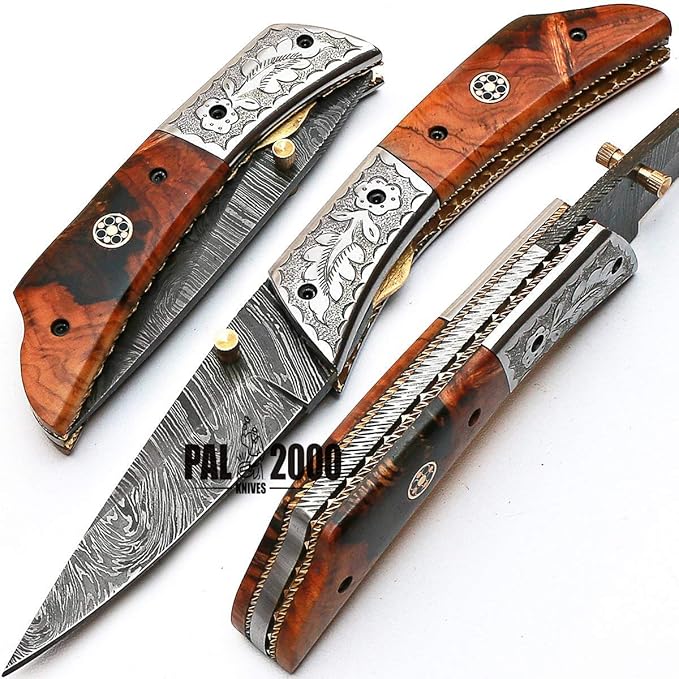 PAL 2000 KNIVES FOL-8832 Handmade Damascus Steel Folding Pocket Hunting Knife with Sheath