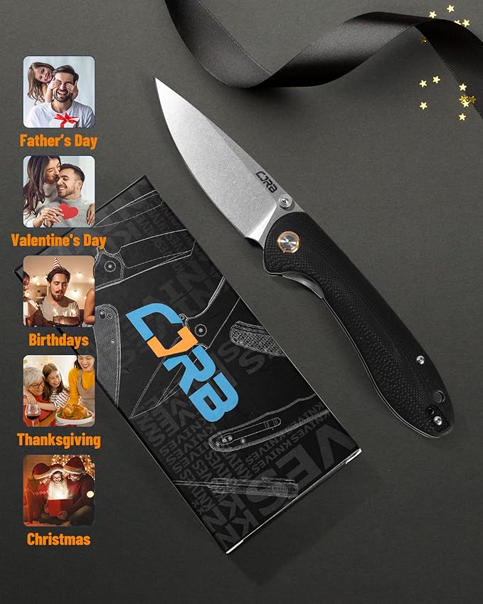 CJRB Folding Knife Feldspar Pocket Folding Knife Stonewash D2 Steel Blade G10 Tactical Handle EDC Knife,Black Handle (J1912)