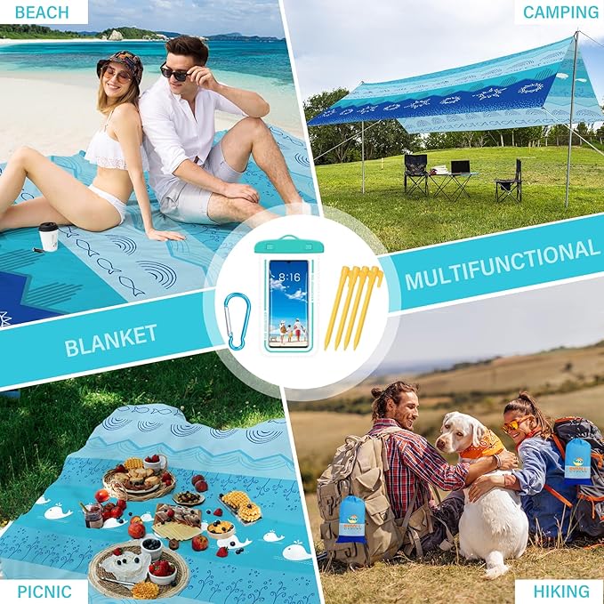 BYDOLL Beach Blanket Sandproof Waterproof 78''×110''1-7 Adults Compact Lightweight Oversized Beach Blanket Large Picnic Mat Beach Blanket for Travel Camping Hiking Picnic