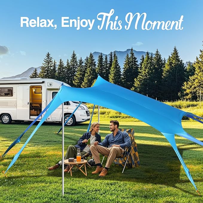 Rhino Valley Beach Tent Sun Shelter, Beach Canopy Tent Sun Shade UPF50+ Protection with 8 Sandbags 4 Stability Poles, Outdoor Beach Shade Canopy for Beach, Camping, Fishing
