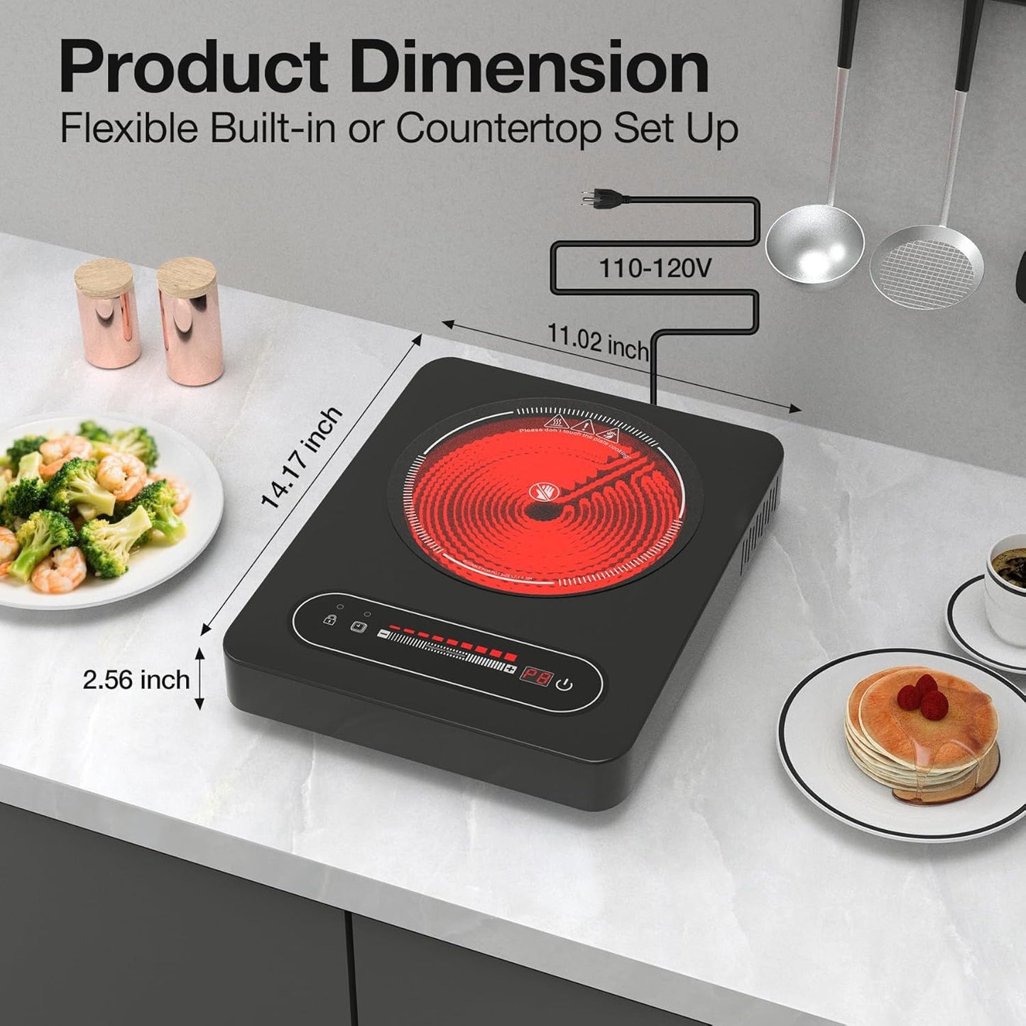 1800W Single Electric Stove: 14 Inch Electric Burner for Cooking - 110-120V Cooktop with Child Lock, Countertop Stove Compatible with All Cookware, 8 Power Levels, Timer