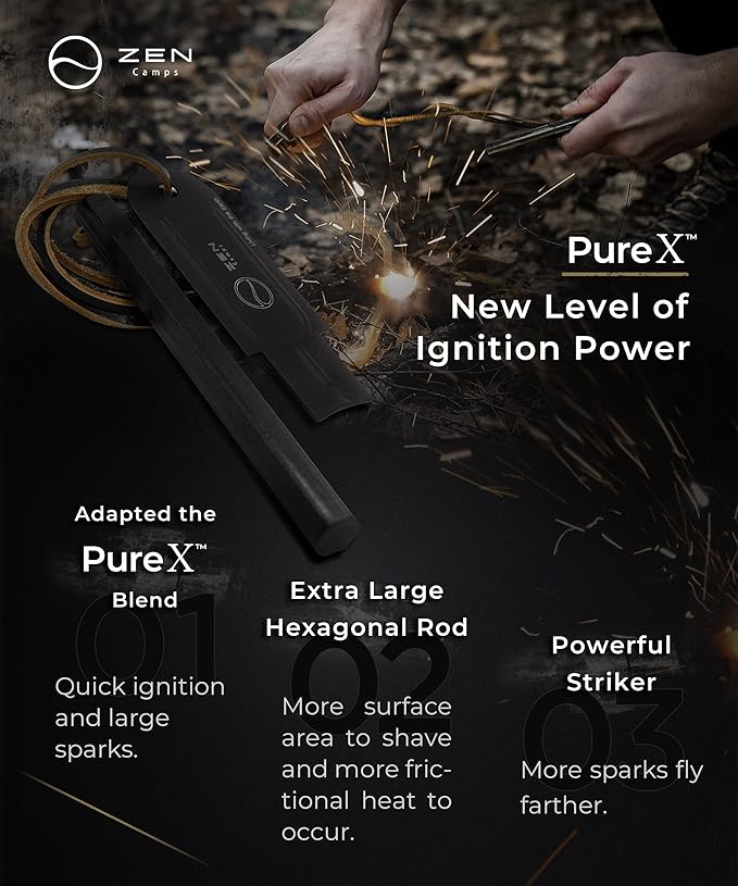 Hexa Fire Starter - Hexagon Ferro Rod with 6 Wide Striking Surfaces - 1/2" Thick Fire Steel - 20,000+ Strikes - Survival Igniter with Leather Neck Lanyard & Big Striker