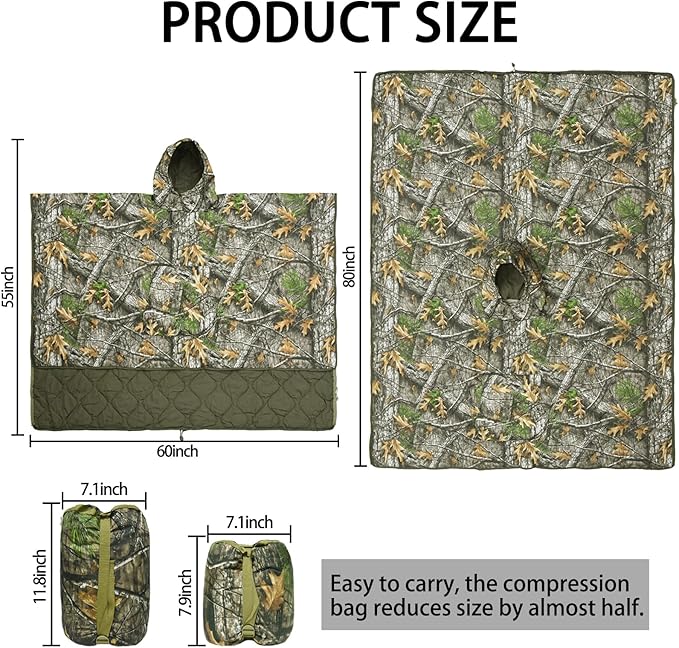 Poncho Liner Hoodie with Pocket Insulated Military Woobie Sleeping Bag Waterproof for Outdoor Camping Travel Survival Hunting Car Emergency