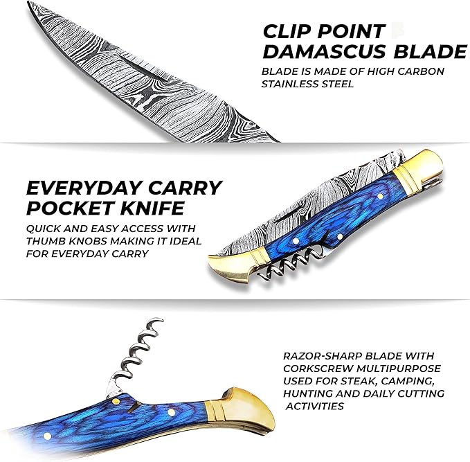 Handmade Damascus Pocket Knife with Sheath, 7" Folding Hunting Knife for Outdoor Camping, Laguiole Pocket Knife, Cork Screw for Wine or Bottle Opener