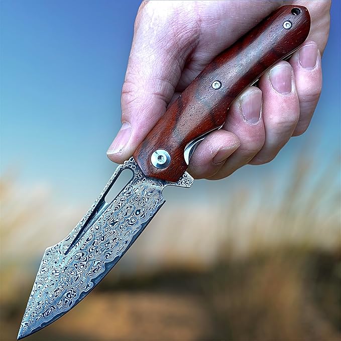 TACTICAL GEARZ Damascus Steel Pocket Folding Knife, Natural Rosewood Handle, 107 Multi-Layered VG10 Damascus Steel Blade! (Koa Beast Bundle)