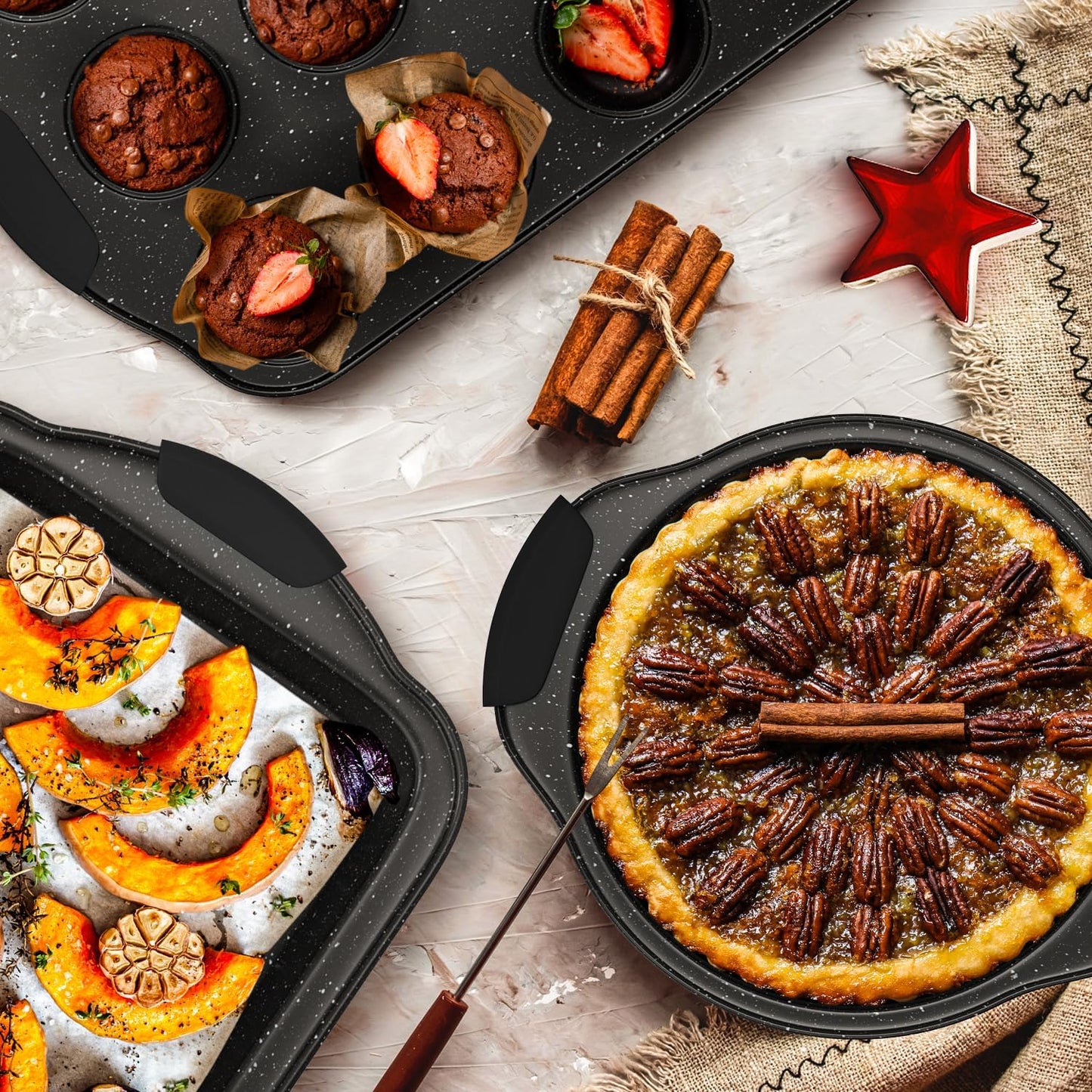 11-Piece Nonstick Baking Pan Set, Stackable Bakeware Sets, Oven Pans for Baking with Silicone Handles, Includes Cookie Sheet, Cake Pans, Loaf Pan, Pizza Pan, Muffin Pan, Black