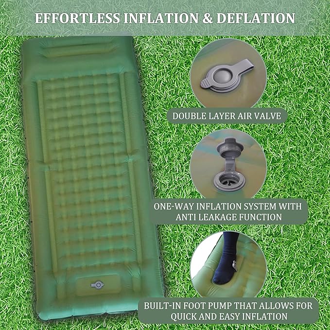 Self Inflating Sleeping Pad for Camping, 77"x 28"x 5" Extra Thick Ultralight Sleeping Mat with Built-in Pump, Air Mattresses for Camping Backpacking Hiking Tent(Green)