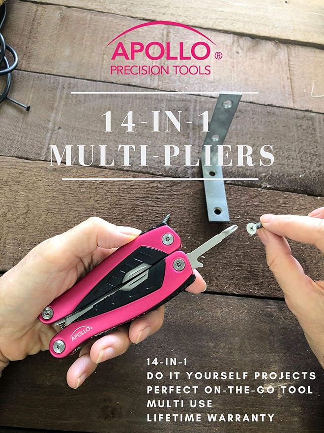 Apollo Tools 14-in-1 Steel Pocket Multitool Pliers, Dozens of Uses for Everyday Life, Repairs, Survival, Outdoors, Camping, Fishing - Pink Ribbon - Pink - DT5015P