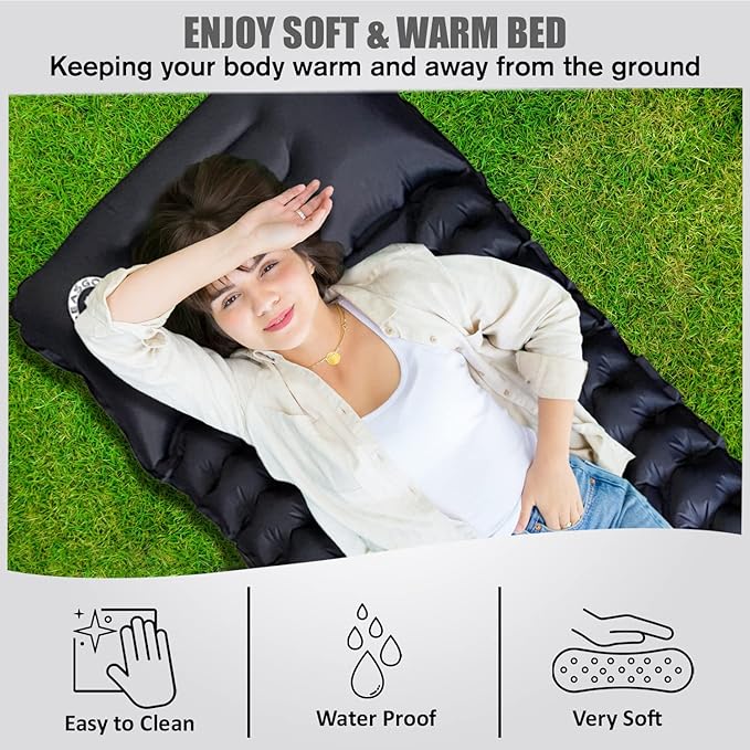 Ultralight Inflatable Sleeping Pad for Camping, Backpacking, Hiking, Travel, Built-In Step Inflating Air Pump, Integrated Pillow, Indoor Outdoor Firm Sleep Support, Compact and Portable, Black