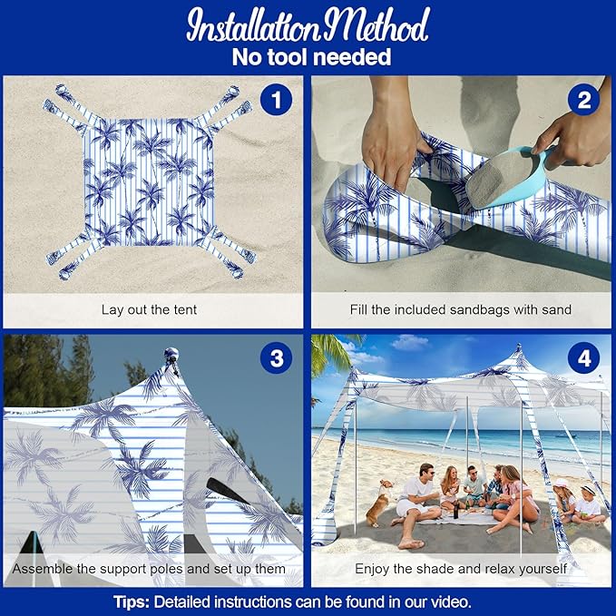 Rhino Valley Beach Tent Sun Shelter, Beach Canopy Tent Sun Shade UPF50+ Protection with 8 Sandbags 4 Stability Poles, Outdoor Beach Shade Canopy for Beach, Camping, Fishing