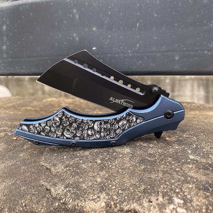 ALBATROSS Folding Pocket Knife, 3" Black Blade, 4.75" Aluminum Handle with the skull pattern, Liner Lock (Blue)
