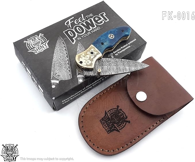 SHINY CRAFTS - Damascus Pocket Knife Knives For Men Military Knife Survival Knife- Folding Knives - Everyday Carry - PlainEdge - Leather Sheath (FK 16)