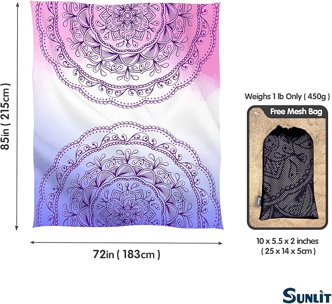 Sunlit Silky Soft 85"x72" Boho Sand Proof Beach Blanket Sand Proof Mat with Corner Pockets and Mesh Bag for Beach Party, Travel, Camping and Outdoor Music Festival, Purple Lines Pink Mandala