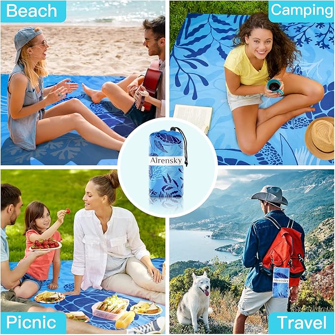 Airensky Beach Blanket, Sandproof Beach Mat 79" X 82" for 4-7 Adults, Large Waterproof Beach Blanket Compact Lightweight Beach Blanket with 4 Stakes for Picnic Camping Travel Hiking(Blue Turtles)