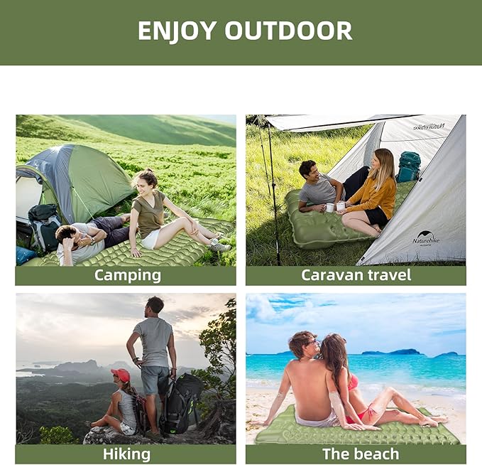Double Sleeping Pad for Camping, Self-Inflating Sleeping Mat with Built-in Foot Pump, Air Mattress with Pillows, Foldable Camping Sleeping Pad for Hiking, Backpacking, Traveling (Green)