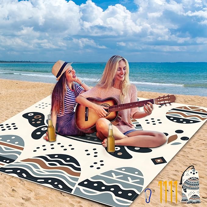 Large Beach Blanket Waterproof Sandproof 79"x 83" for 1-4 Adults,Quick Drying Beach Mat,Lightweight & Durable,Beach Essentials for Family Beach Camping Travel Picnic (Line Turtle)
