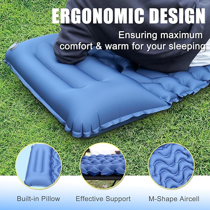 Camping Sleeping Pad, Inflatable Sleeping Mat with Pillow Built-in Foot Pump, Super Comfort Camping Mattress for Backpacking Hiking Traveling Tent, Compact & Lightweight