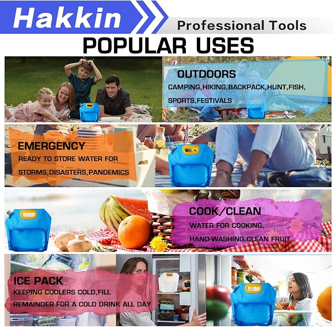 Hakkin Collapsible Water Tank Container 4 Pack 0.66 Gallon/2.5L, No-Leak Freezable Portable BPA Free Food Grade Plastic Storage Jug for Camping, Hiking, Travel, Emergency Survival Kit Bonus