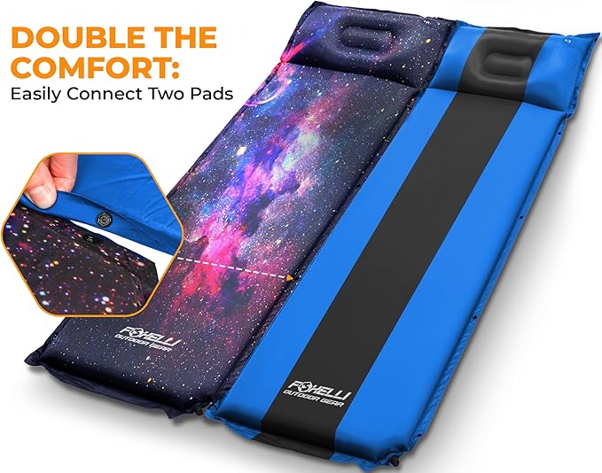 Foxelli Self Inflating Sleeping Pad for Camping, Backpacking, Hiking, Insulated Foam Lightweight Camping Mat, Inflatable Camp Mattress with Pillow