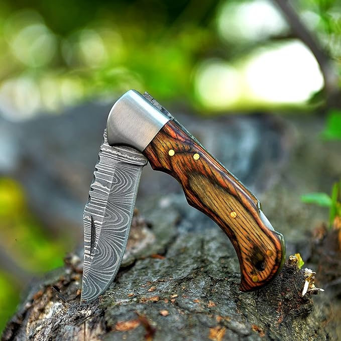 Handmade Damascus Pocket Knife for Men - 6.5 Inches Damascus Folding Knife with Sheath - Pocket Knives and Folding Knives with Back Lock - Best for EDC, Camping, Fishing and Hiking, Brown, HA786