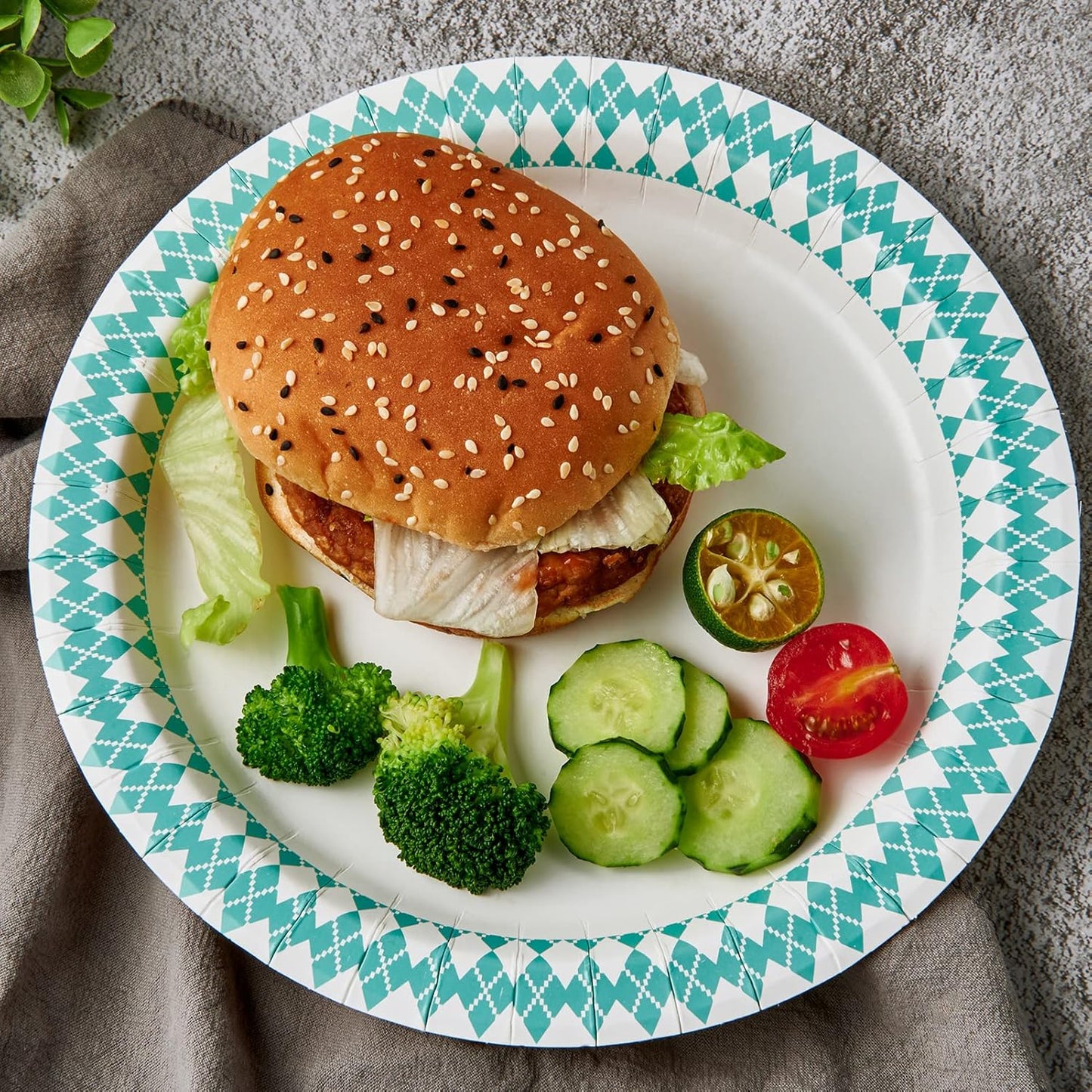 JOLLY PARTY 8.37 inch Disposable Paper Plates, 360 Count Dinner Plates, Soak Proof, Cut Proof for Everyday Use, Blue Diamond Pattern Rim Design