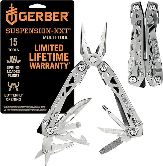 Gerber Multitool Suspension-NXT 15-in-1 EDC Pocket Knife Set with Wire Stripper, Needle Nose Pliers, and Pocket Clip, Gifts for Men, Stainless Steel