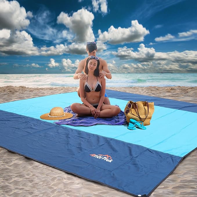 Beach Blanket Sandproof, Extra Large Beach Mat, Sand Free Mat Quick Drying, Lightweight, Soft & Durable Mat for Beach, Yard (Dark Blue & Blue, 6.6 x 6.6 FT (1～4 Person))