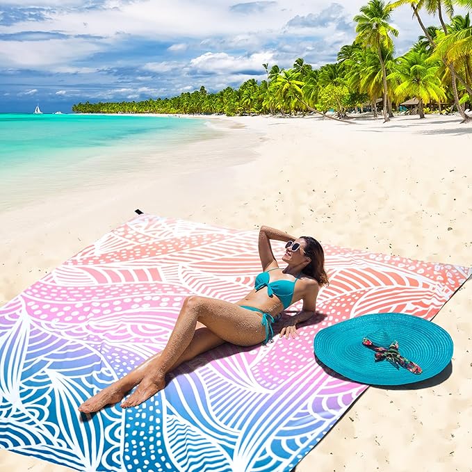 Beach Blanket, Sandproof Beach Mat, Waterproof Quick Drying Lightweight Outdoor Picnic Mat 79" X 83" for 2-4 Adults With Pocket for Travel, Camping, Hiking