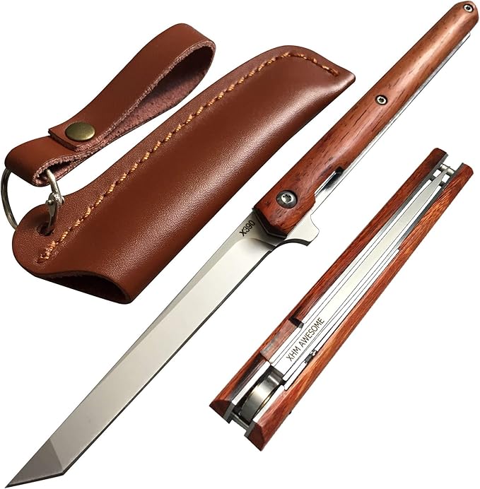 Folding Knife Small Portable Flipper, Ball Bearing, Liner Lock, Wooden Handle, Leather Sheath, for Outdoor, EDC, Collection, Gifts (Tanto Blade)