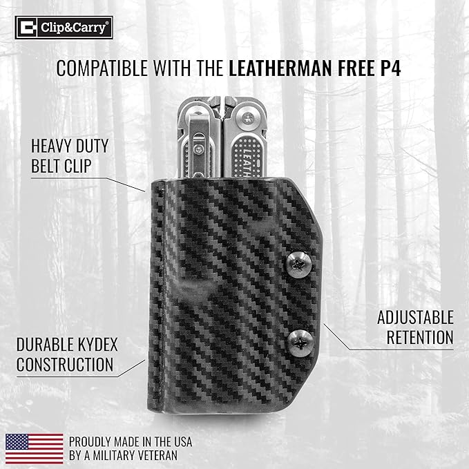 Clip & Carry Kydex Multitool Sheath for LEATHERMAN Free P4 - Made in USA (Multi-Tool not Included) EDC Multi Tool Holder Holster Cover