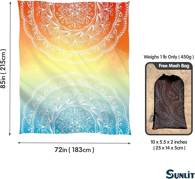 Sunlit Silky Soft 85"x72" Boho Sand Proof Beach Blanket Sand Proof Mat with Corner Pockets and Mesh Bag for Beach Party, Travel, Camping and Outdoor Music Festival, Light Orange and Sky Blue Mandala
