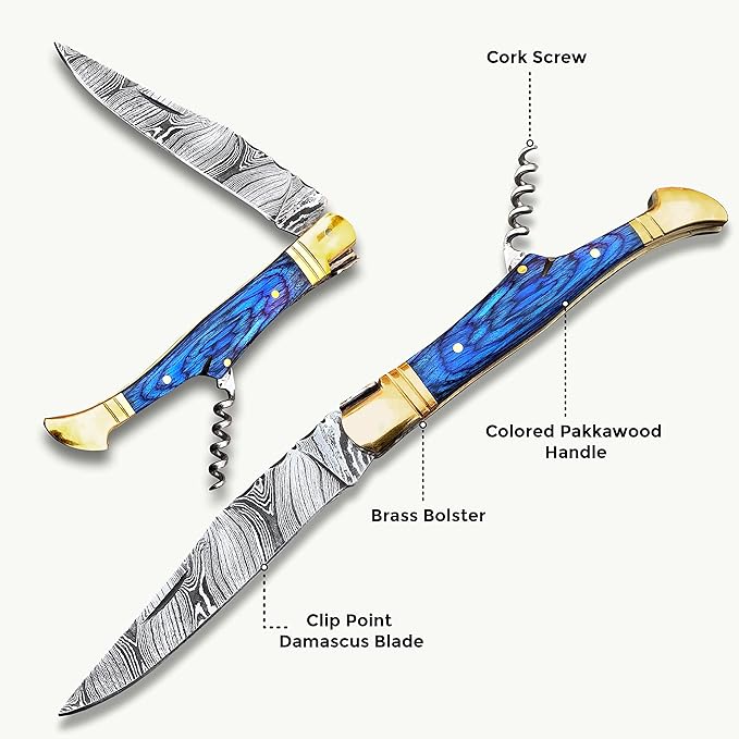 Handmade Damascus Pocket Knife with Sheath, 7" Folding Hunting Knife for Outdoor Camping, Laguiole Pocket Knife, Cork Screw for Wine or Bottle Opener
