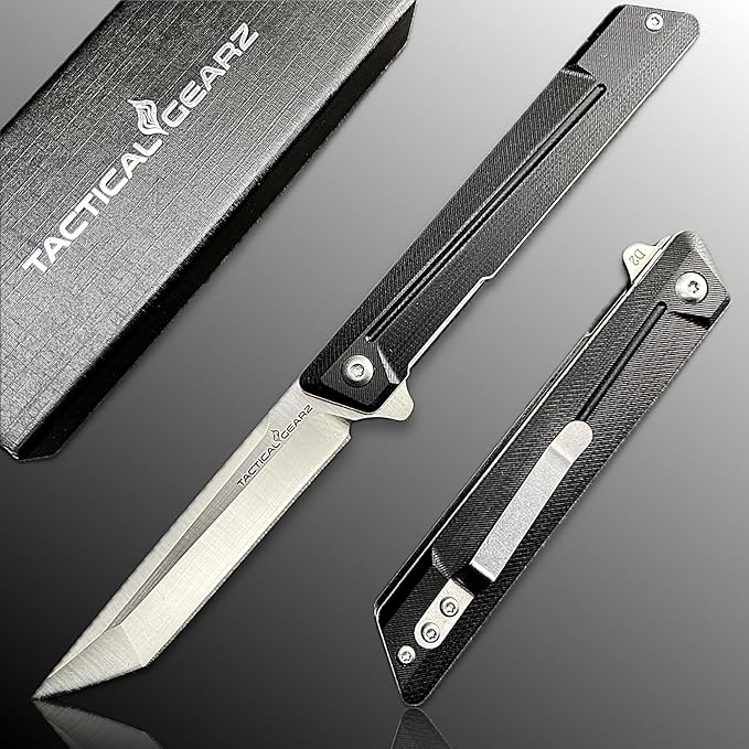 TACTICAL GEARZ EDC Pocket Folding Knife with G10 Handle - Tanto D2 Steel Blade, Nyx ST (Black Beast Bundle)