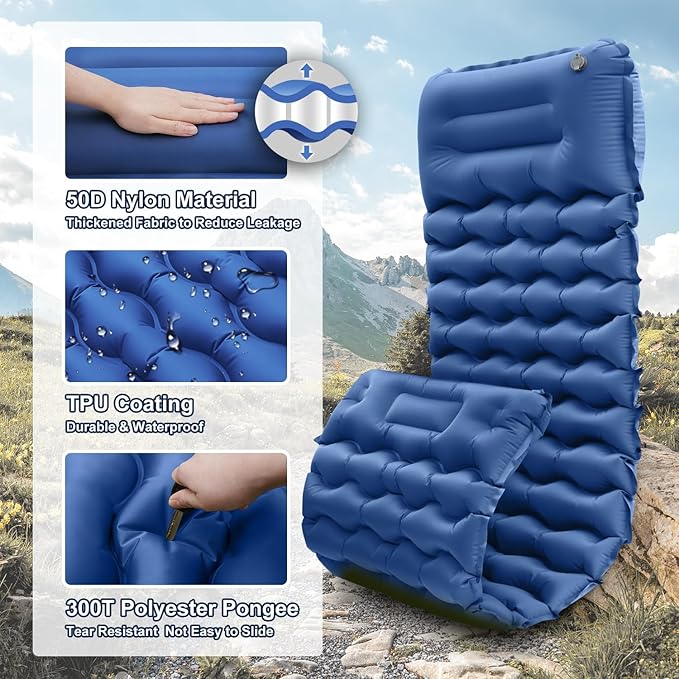 Sleeping Pad for Camping, 50D Inflatable Camping Mat with Pillow Built-in Foot Pump Sleeping Mat Waterproof Compact and Portable Camping Mattress for Backpacking Hiking Traveling Road Trip Tent