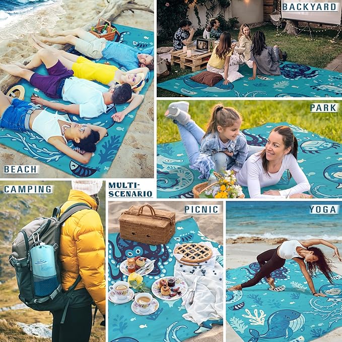 Beach Blanket Sandproof Waterproof 78''×81''1-5Adults Oversized,Compact Lightweight Durable Beach Mat for Travel Camping Hiking Picnic Blanket