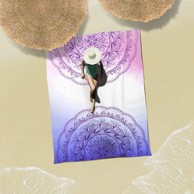 Sunlit Silky Soft 106"x81" Boho Sand Proof Beach Blanket Sand Proof Mat with Corner Pockets and Mesh Bag for Beach Party, Travel, Camping and Outdoor Music Festival, Purple Lines Pink Mandala