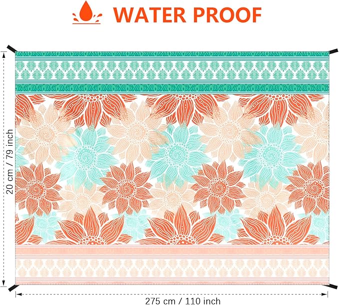 Beach Blanket Sandproof Extra Large Beach Mat Adults Waterproof Quick Drying Sand Free Mat Made by Premium Polyester with 4 Stakes & 4 Corner Pockets for Outdoor Travel Camping Hiking