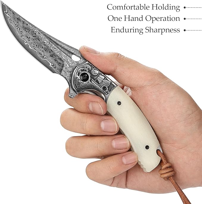 Pocket EDC Knife for Men, Folding Knife with Clip， 3.15" Damascus Steel Blade，OX Bone Handle, Leather Sheath for Camping Hiking knife，Puppis-02W
