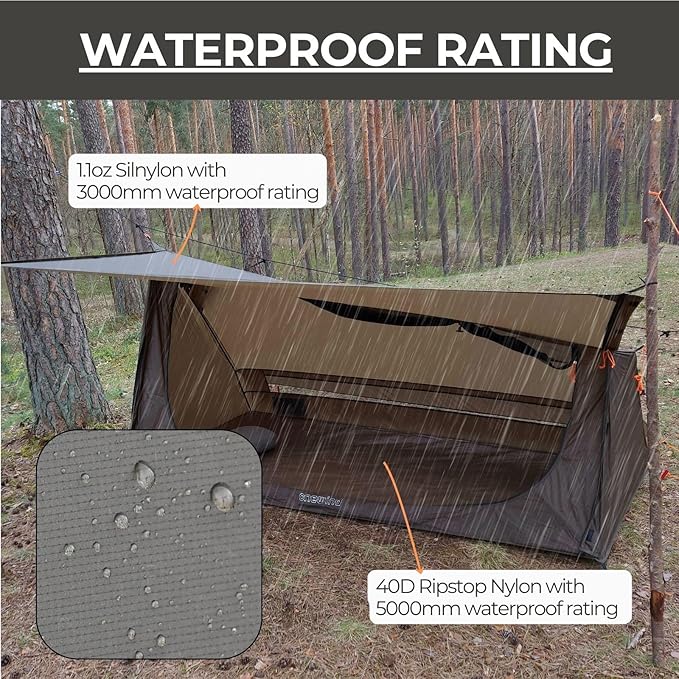 onewind 3 Season Backpacking Tent for Single Person, Ultralight Waterproof Silnylon Lightweight 1 Person Bushcraft Bivy Tent for Camping Backpacking Hiking, NO Trekking Pole