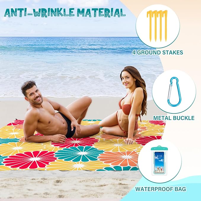 Beach Blanket Waterproof Sandproof 1-7 Adult Oversized 78 '' × 110 '' Lightweight Durable Compact Sand Free Beach Mat for Travel Camping Hiking Picnic Blanket Extra Large