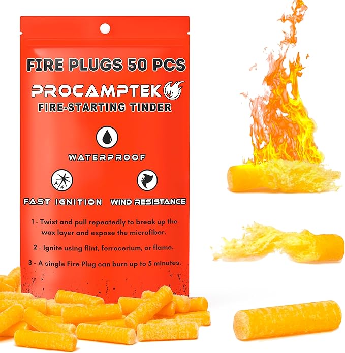 Fire Plugs (50 Plugs) 100% Waterproof Fire Starter for Emergencies, Survival, Campfire, Fire Pits, Grills | Burns 5+ Minutes, All Natural, Non-Toxic