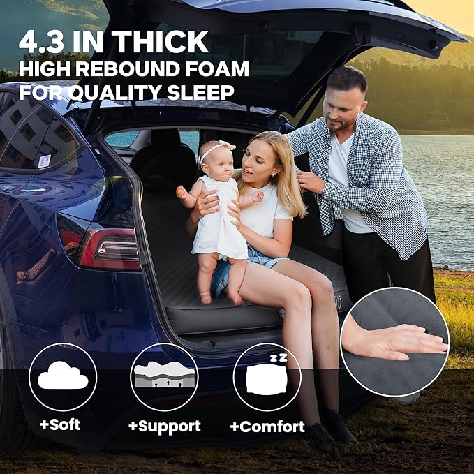 Tesla Model Y Camping Air Mattress with Foam, 4.3" Thick Self Inflating Sleeping Pad with Air Pump, Solid Foam, 4 Seasons