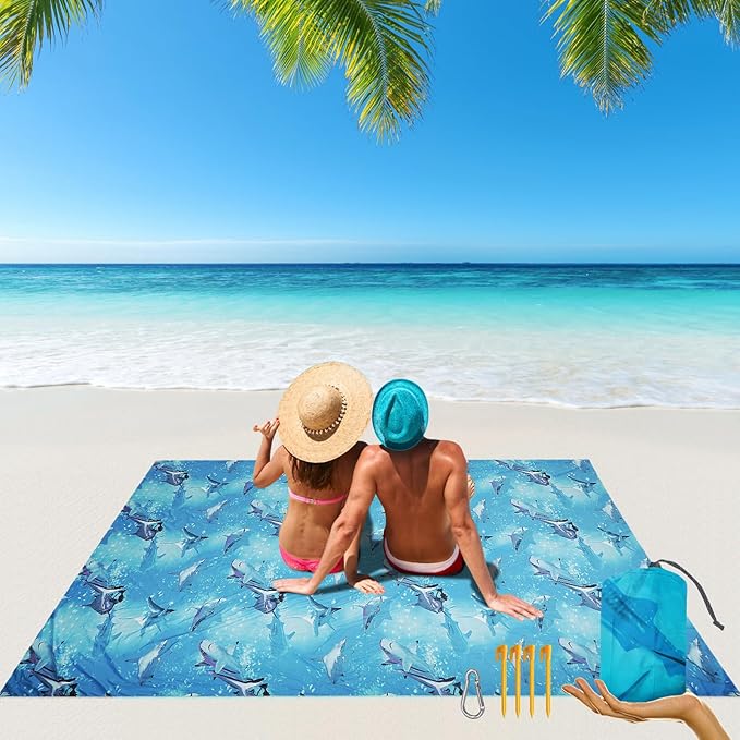 Beach Blanket, 83''*79''(210 * 200cm) Waterproof Sandproof Shark Picnic Blankets for 3-5 Adults, Oversized Lightweight Beach Mat, Big & Compact Picnic Mat for Travel, Camping, Hiking, Beach